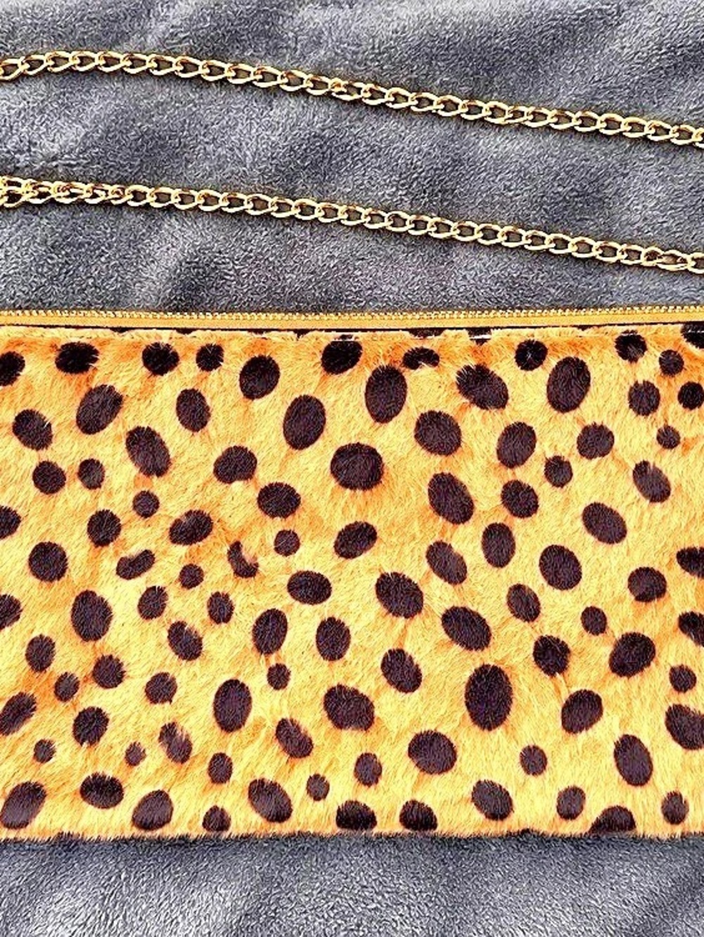 Leopard Print Faux Fur Crossbody Clutch Purse with Gold Chain Strap